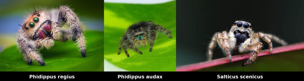 Phidippus regius, Phidippus audax y Salticus scenicus arañas saltarinas comparadas